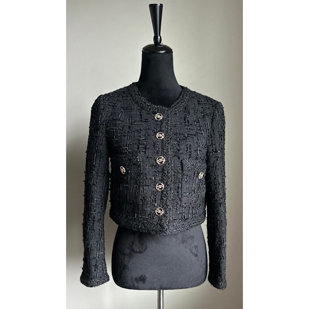 CROPPED Tweed Metallic Thread Jacket in Black Size S